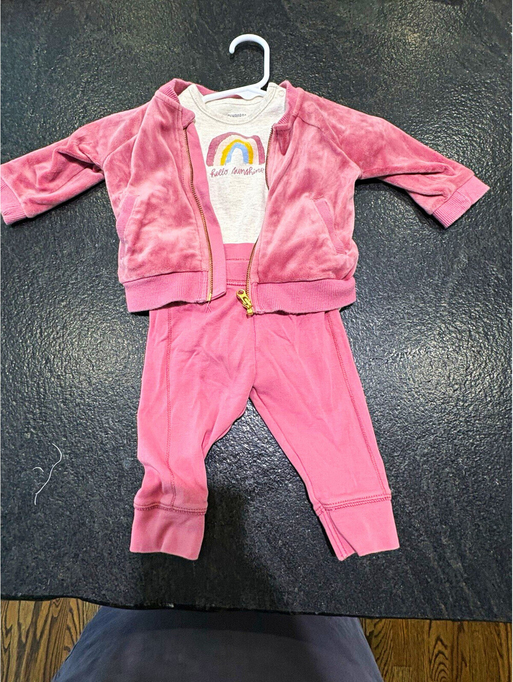 Gymboree Girls 3pc Pink Velour Zip Jacket Pants Rainbow Bodysuit 3-6M